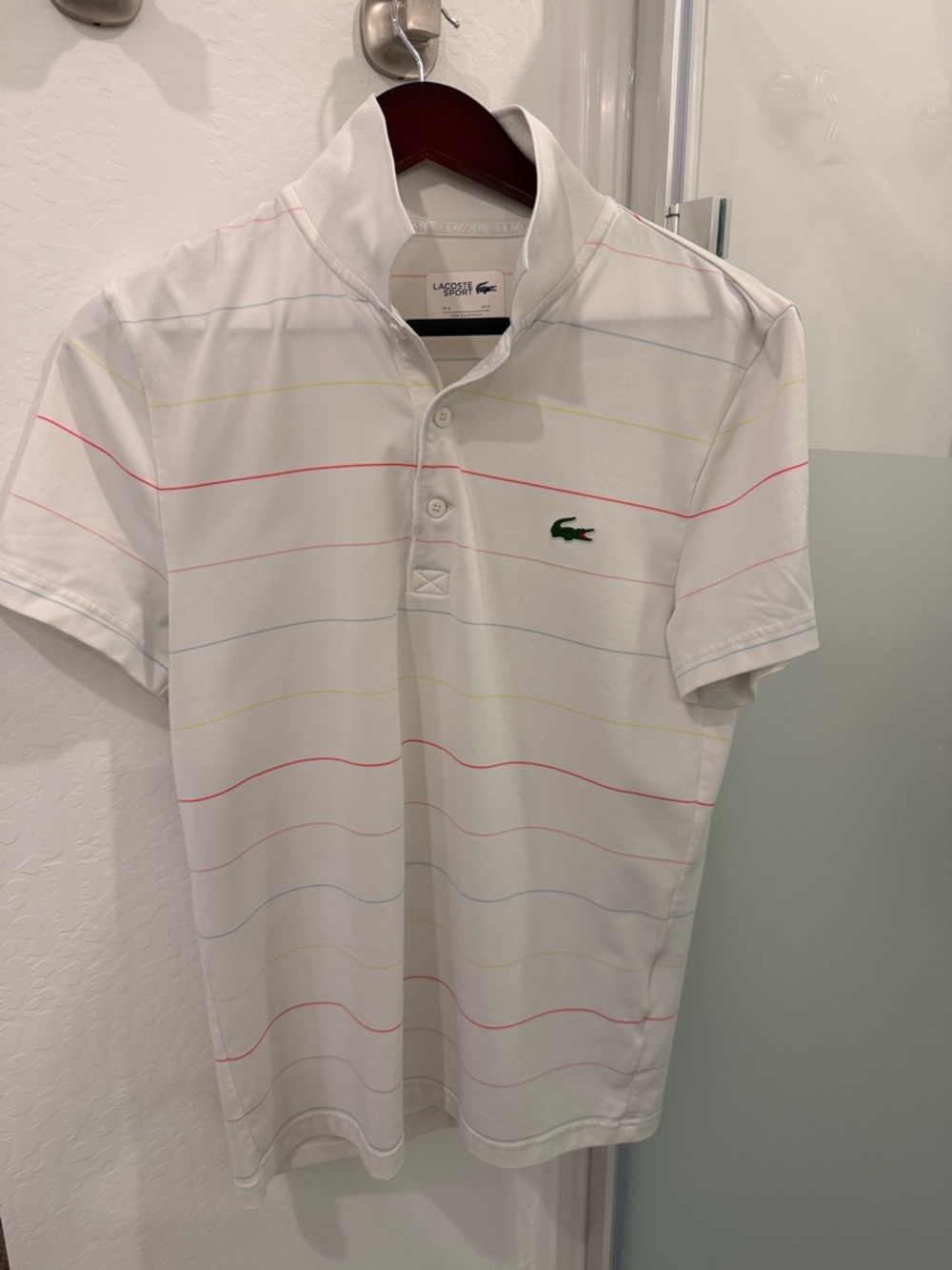 Lacoste White Polo with Pastel Multi-Stripe and Green Crocodile